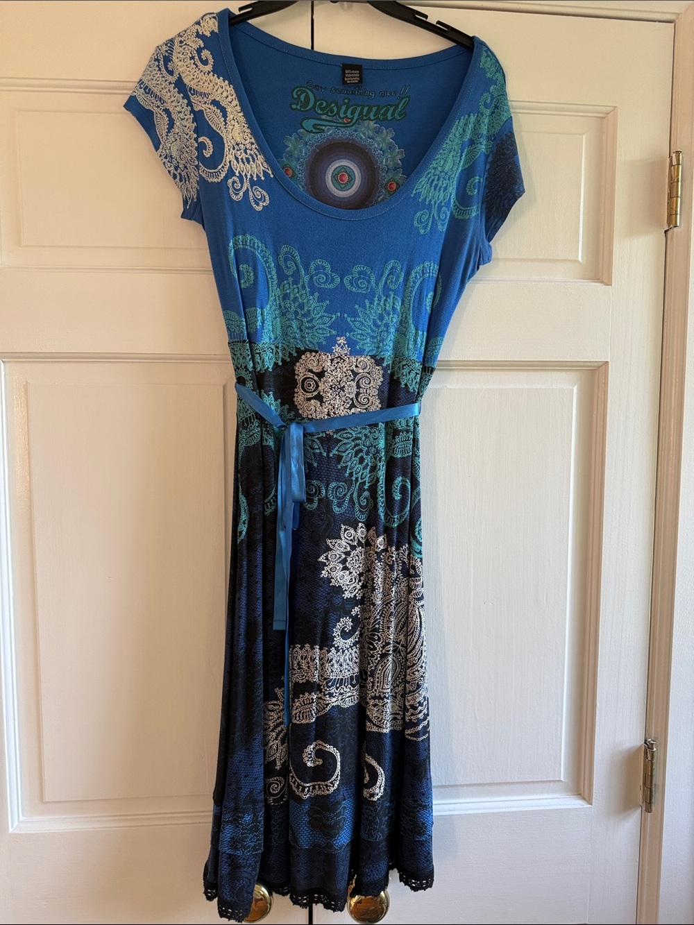 Desigual Blue and Turquoise Patterned Belted Midi Dress